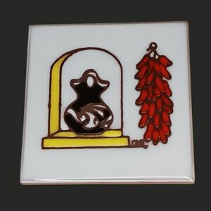 Vintage Masterworks Art Tile Black & Brown Wedding Vase & Red Chili Peppers 4x4